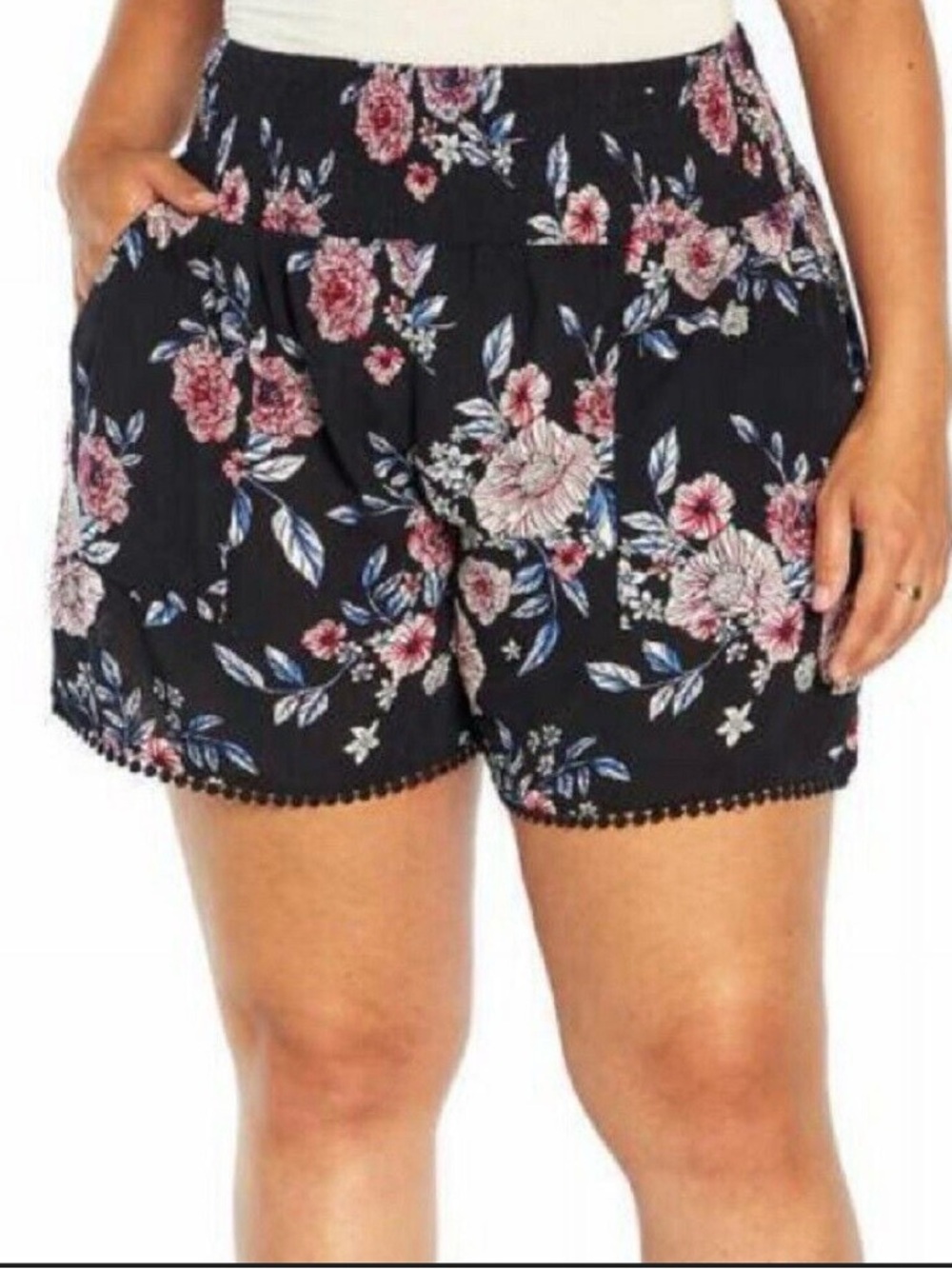 Three Dots Black Floral Pom-Trim Women's Shorts